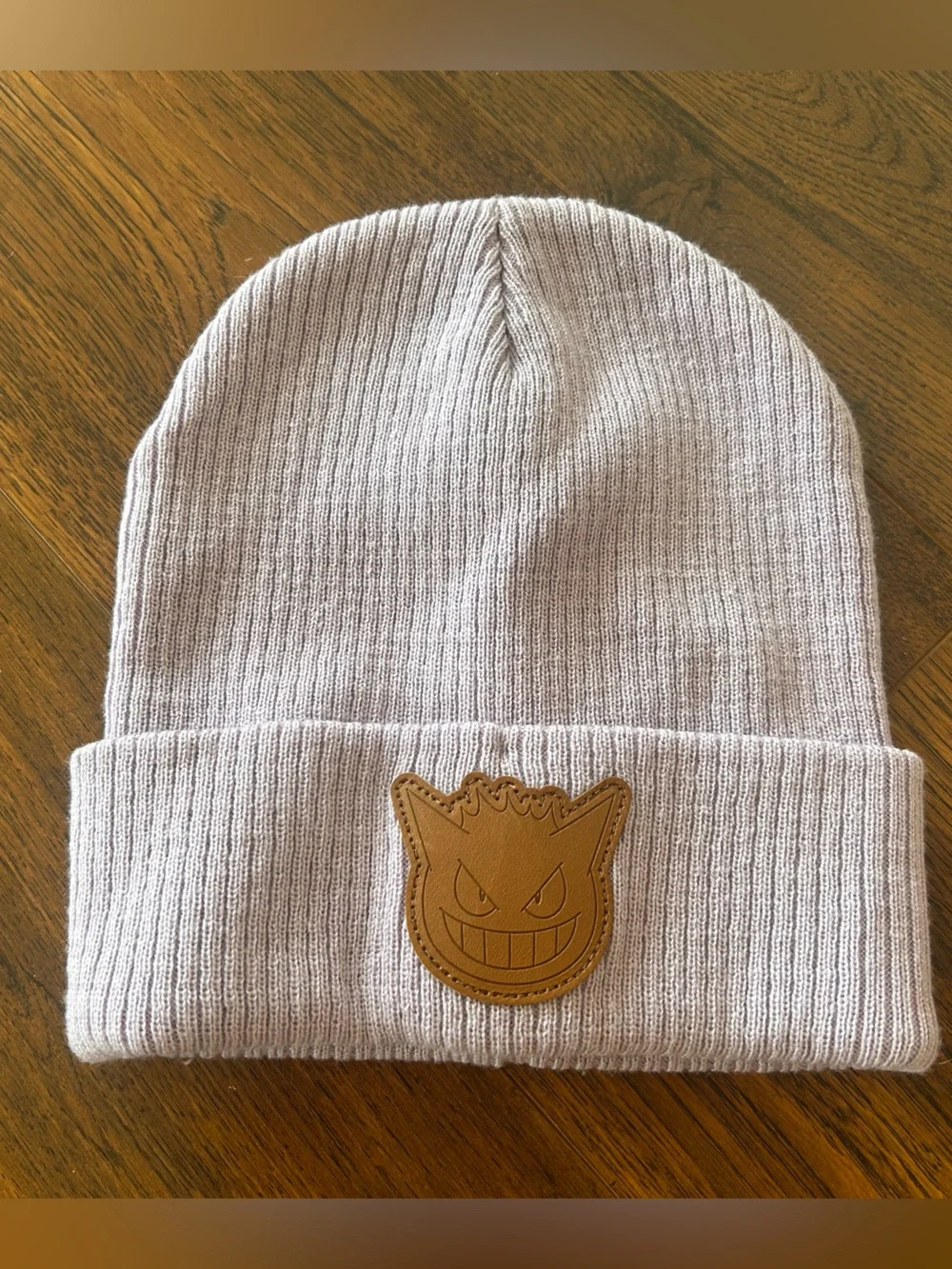 Lavender Knit Beanie with Leather Gengar (Pokemon) Patch